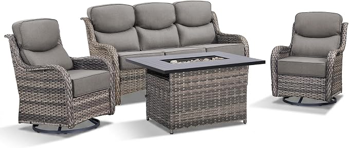 Luxury Patio Furniture Set with Fire Pit Table-4 Pieces High Back Wicker Swivel Rocker Chairs with 6" Extra Thick Cushions, Outdoor Patio Conversation Sets for Porch Deck Garden(Grey/Grey)
