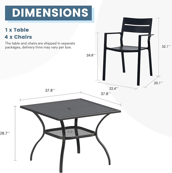 DIFY 5 Piece Outdoor Patio Dining Set for 4, Patio Table and Chairs Set with Umbrella Hole, 37.8" Square Dining Table and Stackable Metal Chairs for Backyard Garden Poolside, Black