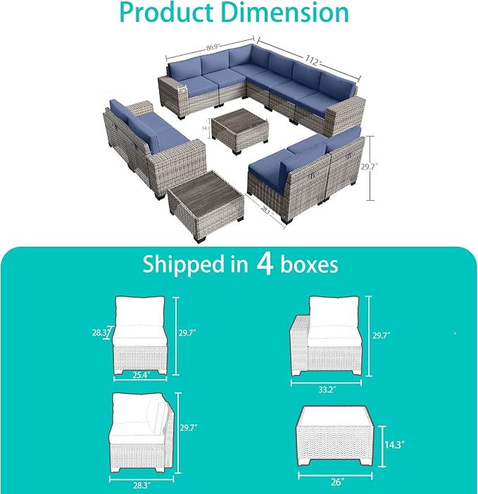 12-Piece Outdoor Patio Furniture Set Wicker Sectional Sofa Set, Patio Conversation Set with Thickened Cushions & Coffee Table for Garden, Backyard, Poolside, Navy Blue
