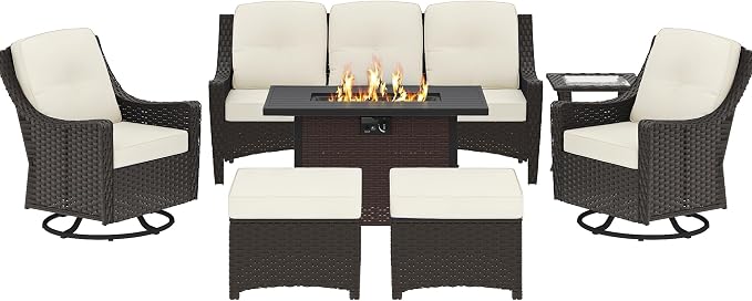7-Piece Patio Furniture Set Includes Fire PitTable Outdoor Fumiture Combination Rattan Swivel ChairRattan Sofa with Coffee Table Suitable for Gardens,Patios,and Poolside (Beige)