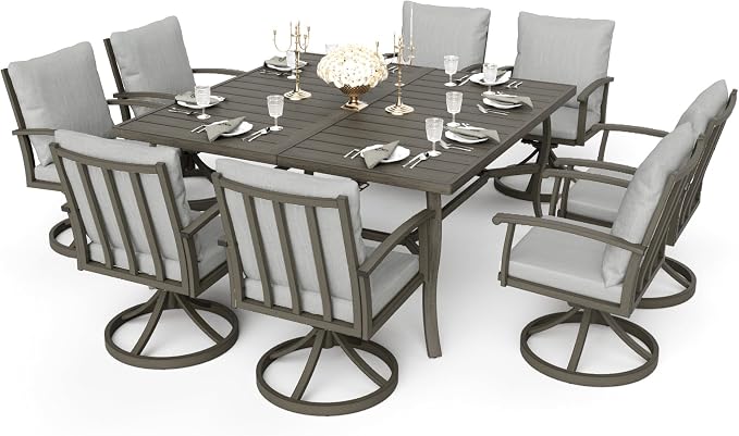 HAPPATIO Patio Dining Set, Aluminum Outdoor Dining Set for 8, 59" Large Square Dining Table with Umbrella Hole and 8 Swivel Chairs, Outdoor Table and Chairs for Lawn Yard Patio