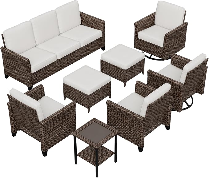 COOS BAY Harbor Retreat 8 Piece Outdoor Furniture Set, Patio Conversation Set with Swivel Rocking Chairs, Patio Chairs, Couch, Side Table and Ottomans, Wicker Furniture, Brown/Beige