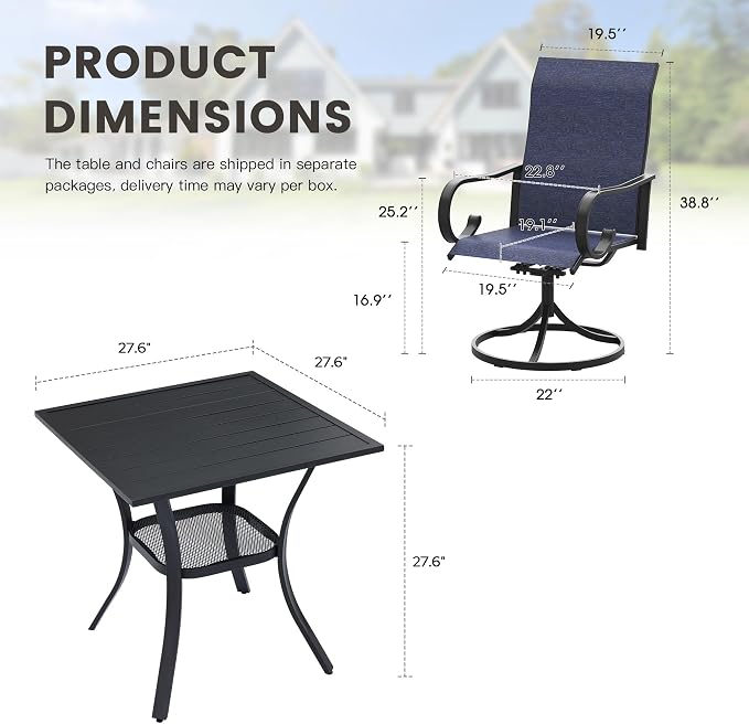 3 Pieces Patio Dining Set, 2 Outdoor Swivel Dining Chairs with 28" Square Outdoor Dining Table, All Weather Textilene Patio Chairs and Metal Table for Garden Backyard, Dark Blue & Black