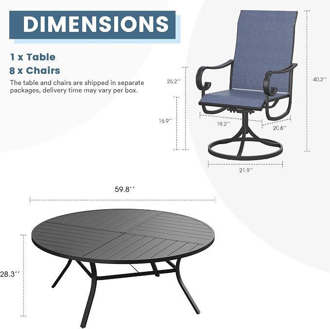 DIFY 9 Piece Outdoor Dining Set for 8, 59.8" Black Round Metal Dining Table with Umbrella Hole and Swivel Patio Chairs with Blue Textilene Fabric, Patio Table and Chairs Set for Garden Backyard Deck