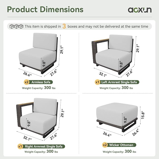 Aoxun Patio Furniture Set, 6 Piece Outdoor Wicker Sectional Sofa Set, All-Weather Rattan with 10'' Ultra-Thick Cushions, Outdoor Conversation Set for Backyard, Poolside and Garden, Brown/Light Gray