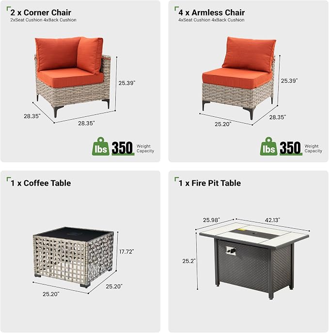 8 Pcs Patio Furniture with Fire Pit Table, Outdoor Rattan Wicker Conversation Set with Glowing Coffee Table, Comfy Sectional Sofa for Porch Balcony Backyard Pool, Orange