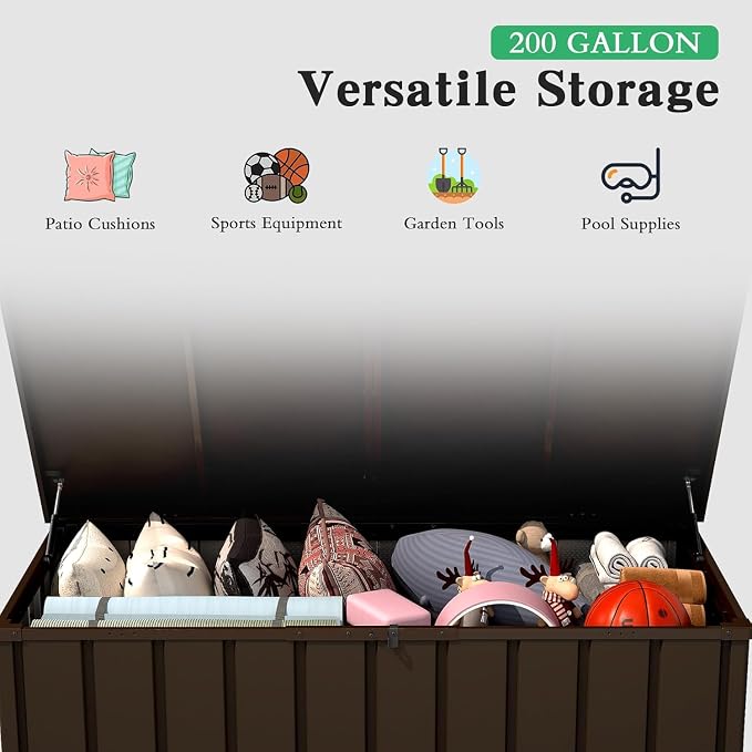200 Gallon Outdoor Storage Deck Box, Lockable Mobile Rolling Metal Storage Bin, Waterproof UV Resistant Large Container Organizer for Patio Garden Yard,Brown