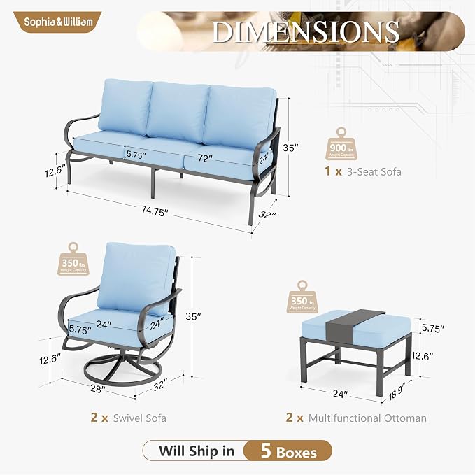 Sophia & William Patio Furniture Sets for 5 Outdoor Metal Conversation Sets 5 Pcs with 2 x Cushioned Swivel Sofa Chairs, 2 x Ottomans as Coffee Table, 1 x 3-Seat Sofa, Lawn Backyard Poolside Blue