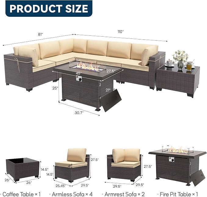 Patio Furniture Set with Fire Pit Table 8 Pieces Outdoor Sectional Sofa Set,PE Rattan Wicker Patio Conversation Set w/43in 55000 BTU Propane Fire Pit Table,Sand