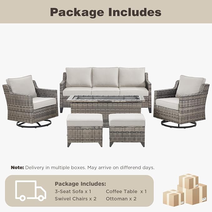 Belord Patio Wicker Swivel Rocker Patio Chairs with Coffee Table and 3-Seater Sofa, Outdoor Furniture Set for Deck Porch Garden, 6 Piece Luxury Patio Furniture Set, Beige