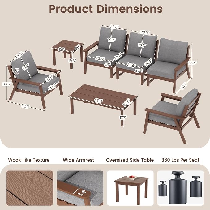 Ayge HDPE Patio Furniture Set,7 Piece Sectional Outdoor Furniture Set, All Weather Outdoor Couch Set Patio Conversation Set for Deck, Lawn, Brown