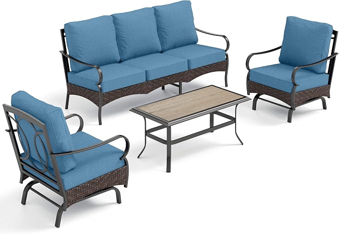 PHI VILLA Outdoor Modern Patio Furniture Set, Upgraded Wicker & Metal Patio Conversation Set with Waterproof Thick Cushions for Porch, Poolside, Yard (4 Pieces,Navy)