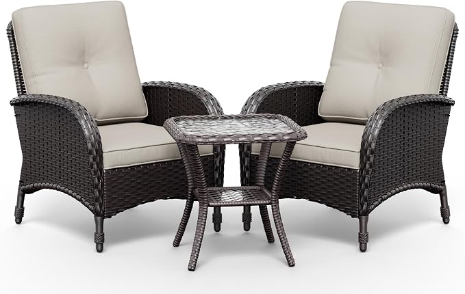 Joyside Wicker Patio Chairs, 3 Piece Rattan Outdoor Furniture with Thickened Cushions, High Back, Deep Seating, Wide Armrest, Outdoor Chairs for Porch, Deck