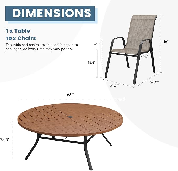DIFY 11 Piece Outdoor Dining Set, 63" Walnut Round Metal Dining Table and Brown Textilene Stackable Patio Chairs, Patio Table and Chairs Set for 10 with Umbrella Hole for Backyard Garden Deck