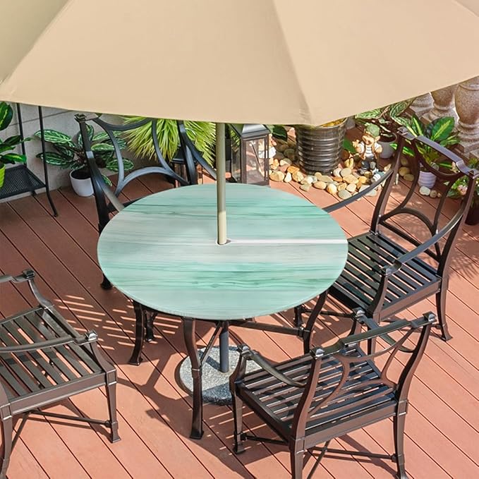 Fitted Round Tablecloth with Umbrella Hole and Zipper Green Stripes Texture Outdoor Elastic Table Cloth 36"-44" Oil-Proof Waterproof Gradient Patio Table Cover for Party Outdoor