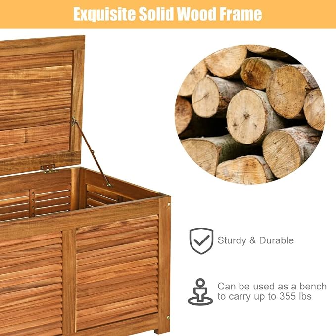 Outside Storage Deck Box Waterproof, 47 Gallon Wood Storage Bench Deck, Outdoor Patio Pool Garden Toy Slats Organization Tools with 2-3 Seating