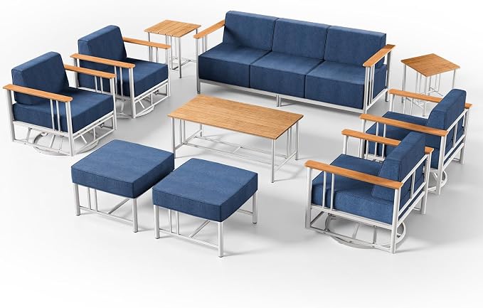 Luxury Outdoor Furniture Set with Swivel Chairs, 10 PCS Patio Furniture Set with 6" Extra Thick Cushions, Suitable for Porch, Balcony, Deck, Patio, Yard, Poolside, White/Blue