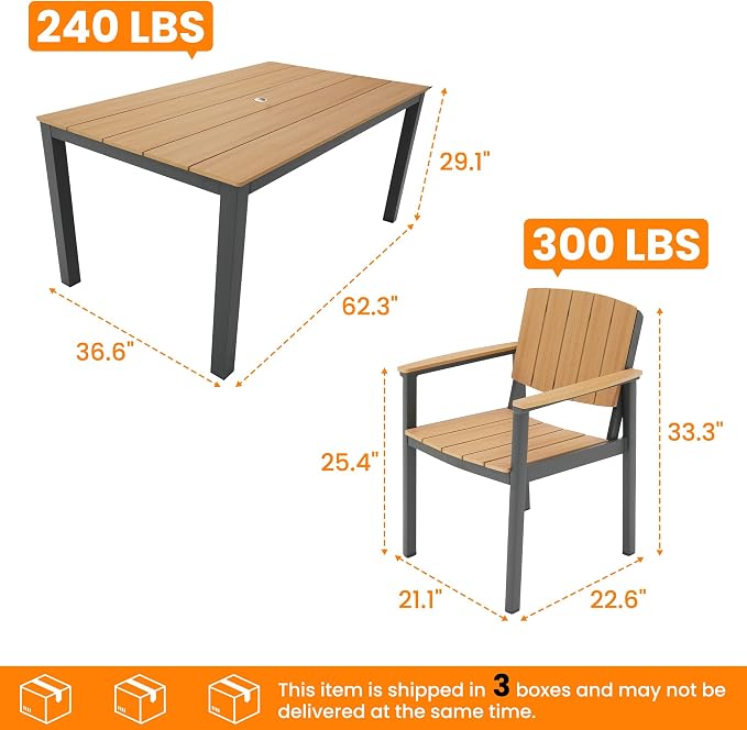Outdoor Dining Sets Patio Table and Chairs Set 7-Piece, Aluminum Frame HDPS Faux Wood, All Weather Patio Dining Set with Umbrella Hole for Garden Backyard Poolside Nature Wood