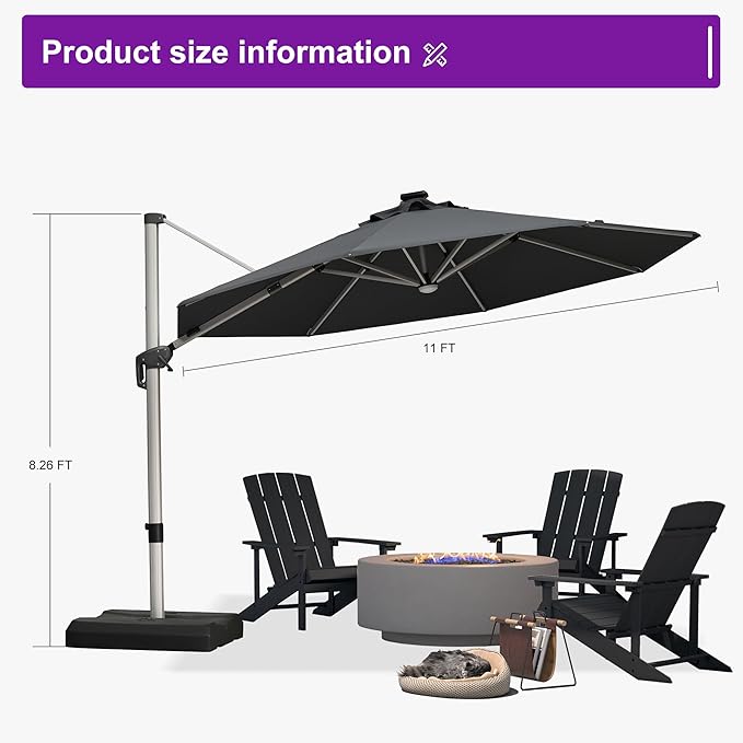 PURPLE LEAF 11ft Patio Umbrella with Lights Outdoor Round Cantilever Solar Powered LED Umbrella with 360-degree Rotation for Garden Deck Pool Patio, Grey
