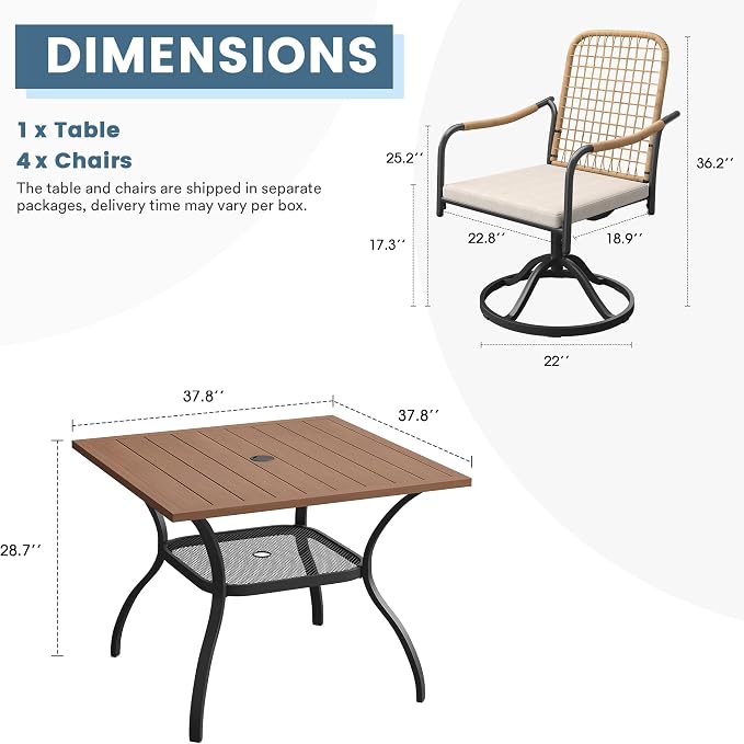 DIFY 5 Pieces Outdoor Dining Set, Metal Patio Table and Chairs Set for 4, 37.8" Square Dining Table with Umbrella Hole & Wicker Swivel Patio Chairs with Cushions, Walnut Tabletop