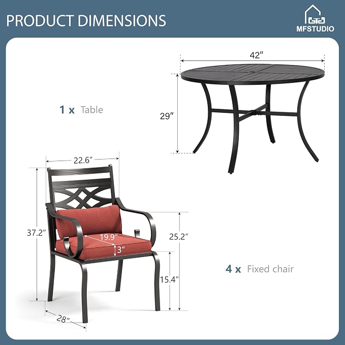 MFSTUDIO 5-Piece Patio Dining Set, 42" Round Metal Table, Fixed Chairs | Umbrella Hole, Red