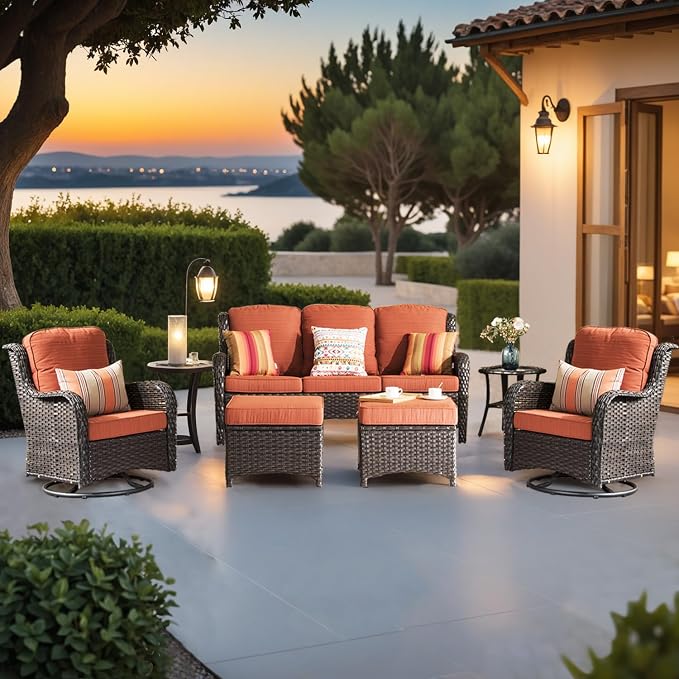 ovios 6-Pieces Patio Furniture Set, Outdoor Wicker Sofa Couch with Swivel Glider Chairs Comfy Cushions, High Back Modern Conversation Set, Brown Rattan, Orange Red