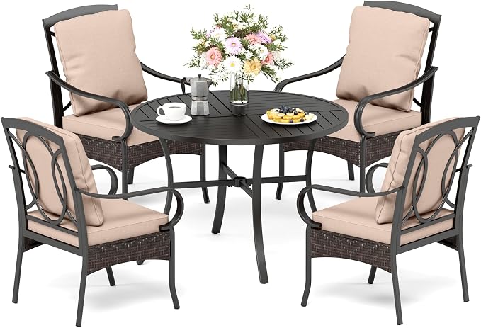 PHI VILLA 5-Piece Outdoor Dining Sets, All-Weather Patio Table and Chairs Set for 4, Heavy Duty Patio Round Table Set for Deck, 4 Extra Large Outdoor Metal Wicker Dining Chairs with Thick Cushions