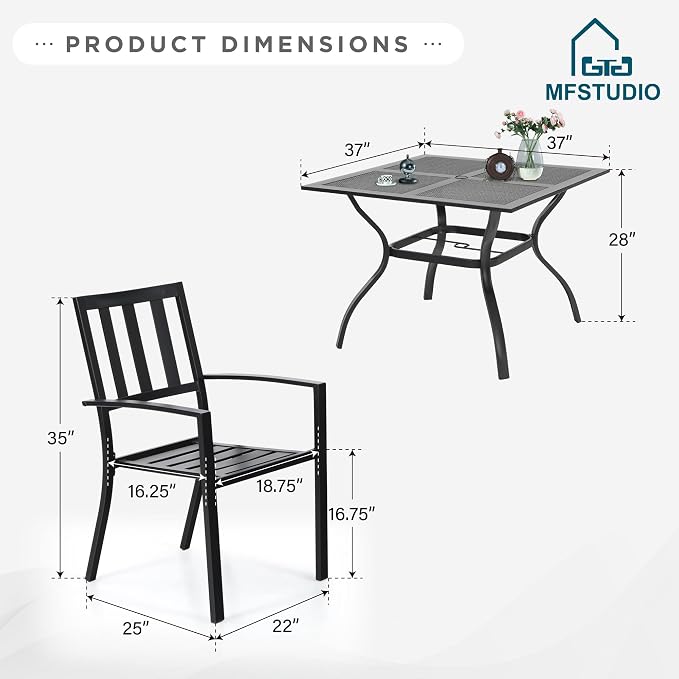 MFSTUDIO Patio Dining Set for 4, Outdoor Table and Chairs Set with Umbrella Hole, Metal Patio Furniture Set for Deck, Backyard, Poolside & Garden