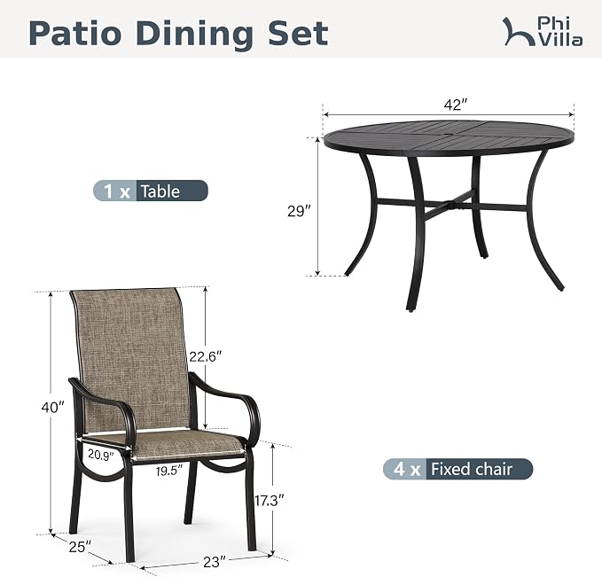 PHI VILLA Round Patio Dining Set for 4 Person, 42'' Round Metal Slat Table with Umbrella Holes and 4 High Back Fixed Chairs All Weather Outdoor Table and Chairs Set for Deck Garden Yard
