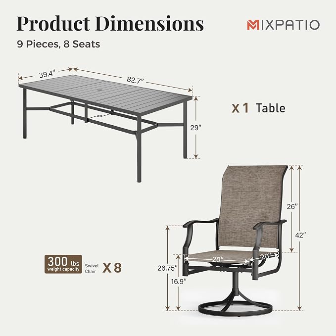 MIXPATIO Outdoor Dining Set for 8, Patio Metal Table and Swivel Chairs Set, 9 Piece Patio Furniture Set with Umbrella Hole for Backyard Deck