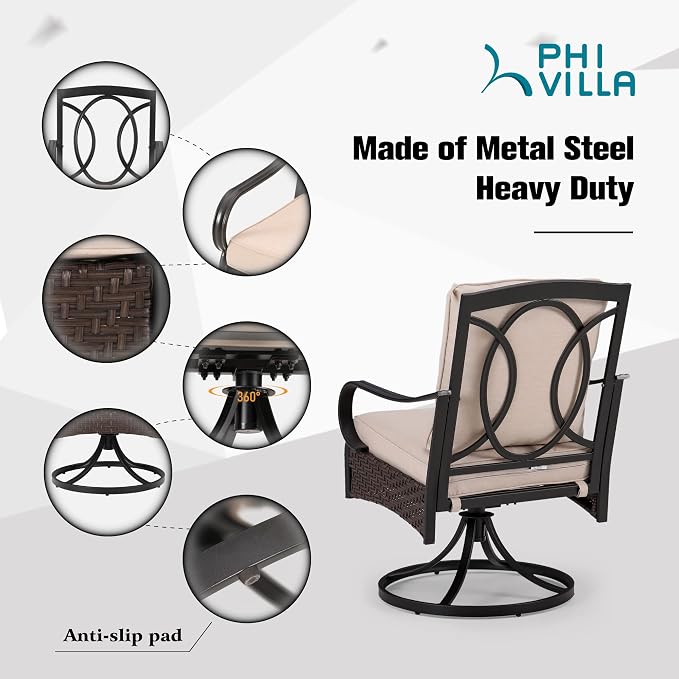 PHI VILLA Swivel Patio Dining Chairs Wicker Chairs Set of 2 with Cushions | Heavy Duty Outdoor Metal Wicker Dining Chair with Padded Cushions, Large All Weather Wrought Iron Patio Chair for Balcony