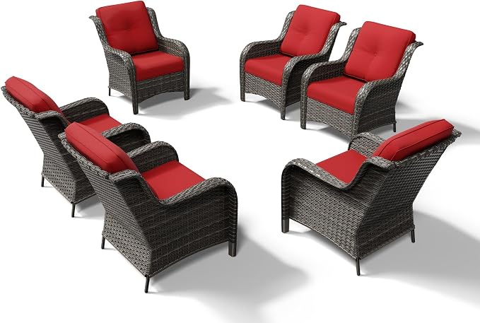 Joyside 6 Piece Wicker Patio Furniture Set, Rattan Patio Chairs with High Back, Deep Seating, Wide Armrest, Thickened Cushions, Outdoor Furniture for Deck, Porch Use