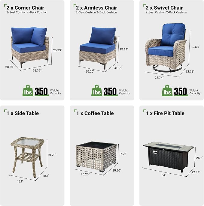 ovios 9 Pcs Patio Furniture with Fire Pit Table, Outdoor Rattan Wicker Conversation Set with Glowing Coffee Table, Comfy Sectional Sofa for Porch Balcony Backyard Pool, Blue