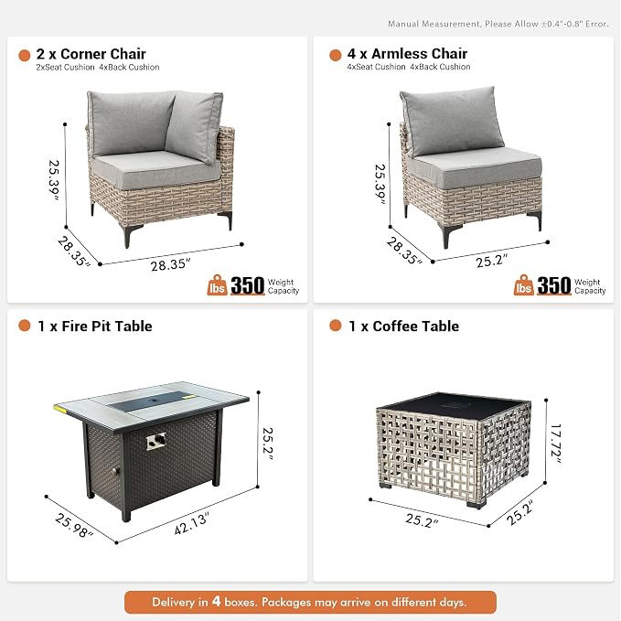 Outdoor Sectional Patio Furniture Set with Fire Pit Table and Glowing Table,8 Pieces Wicker Conversation Sets L Shaped Couch Out Door Sofa Set Outside Furniture for Garden Deck Yard,Dark Grey