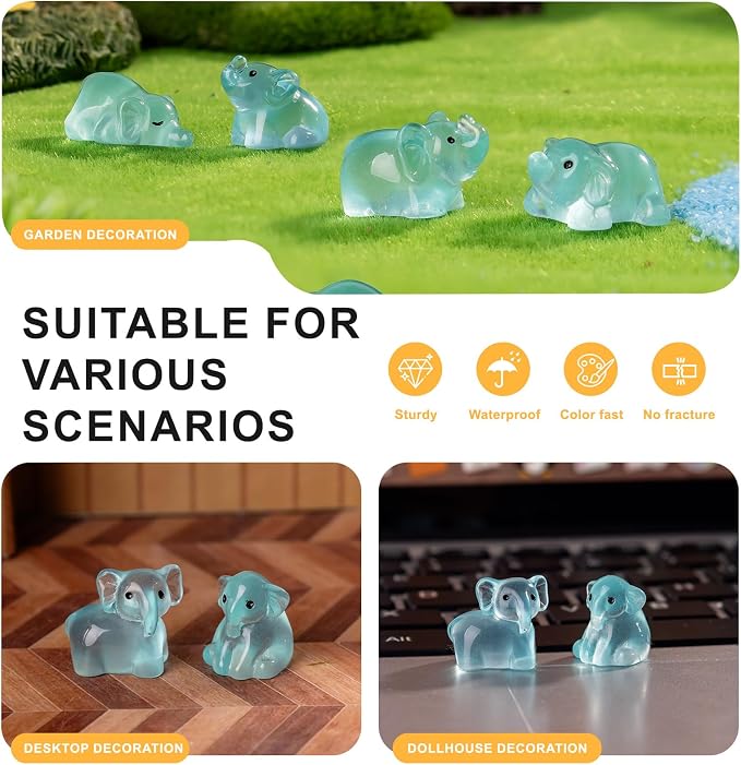 60 pcs Mini Resin Elephant Many Styles Variety Tiny Luminous Animals Figures Miniature Little Small Animal Figurines Bulk for Micro Fairy Garden Landscape Accessories Hide Crafts Decor Aquarium