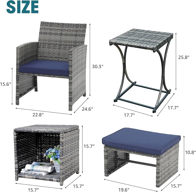OC Orange-Casual 6 Piece Patio Furniture Conversation Set with Ottoman, Outdoor Grey Wicker Chair and Table Set, Balcony Furniture for Apartments, Navy Blue