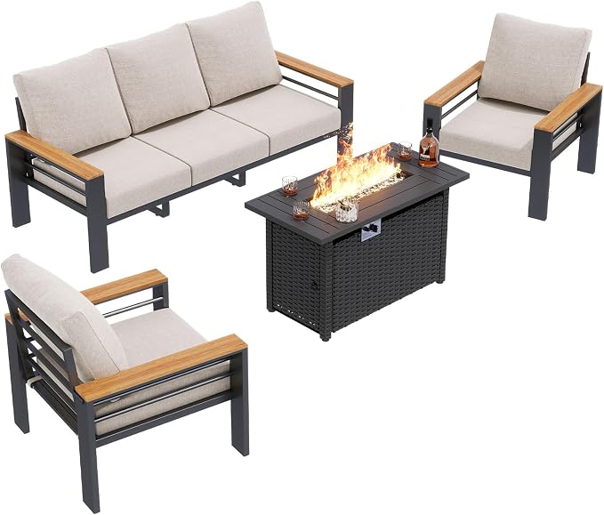 Aoxun Patio Furniture Set, Aluminum Patio Set with Fire Pit Table and 5" Thicken & Washable Cushion, Waterproof Outdoor Furniture, Outdoor Couch Sectional for Backyard (5 Seats/F, Grey)