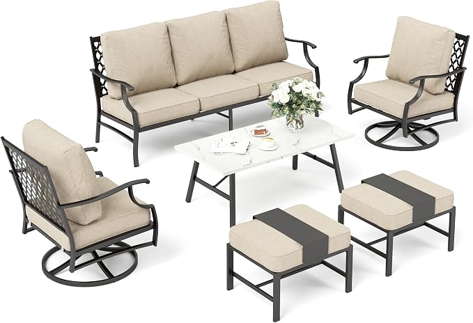 SUNSHINE VALLEY Patio Furniture Set, Modern Metal Outdoor Patio Furniture, 3 Seater Sofa, 2 Swivel Chairs, 2 Ottomans, Coffee Table and 5.75" Extra Thick Cushion, Patio Conversation Set for Backyard