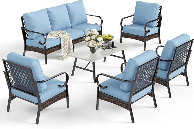 SUNSHINE VALLEY 6 Piece Metal Outdoor Patio Furniture Sets, Patio Conversation Sets 1 3-Seater Sofa, 4 Single Sofa with 5.75" Extra Thick Cushion & Coffee Table, Black Frame Backyard Furniture, Blue