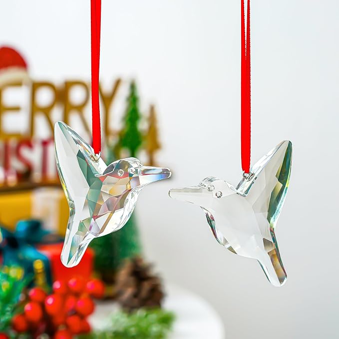 Clear Hummingbird Crystal Suncatchers 2 Pcs 3 Inch Rainbow Hanging Decor | Rainbow Glass Hummingbird Sun Catcher Hanging Pendants Crystal Prisms Set of 2 for Window Garden Home Christmas Decor