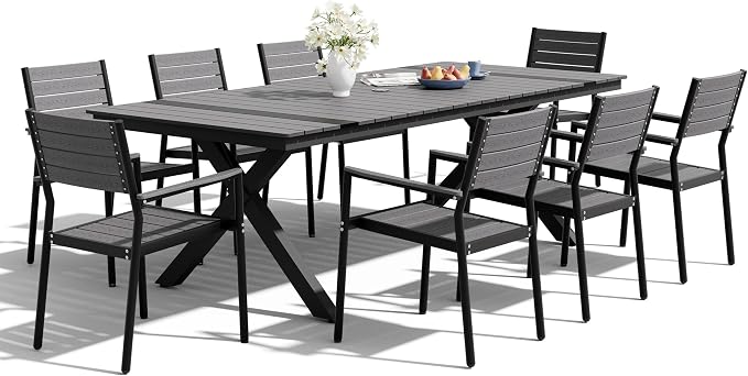 Pellebant Outdoor Dining Set for 8, 9 Pieces Aluminum Patio Table and Stackable Armrest Chairs with Umbrella Hole & Wood-Like Top, Grey