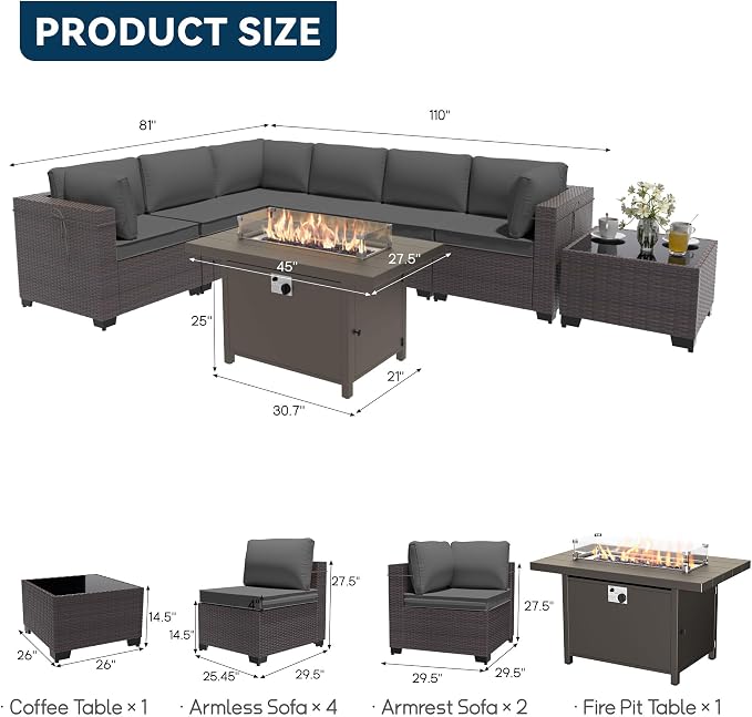 Patio Furniture Set with Aluminum Fire Pit Table 8 Pieces Outdoor Sectional Sofa Set,PE Rattan Wicker Patio Conversation Set w/43in 55000 BTU Propane Fire Pit Table,Grey