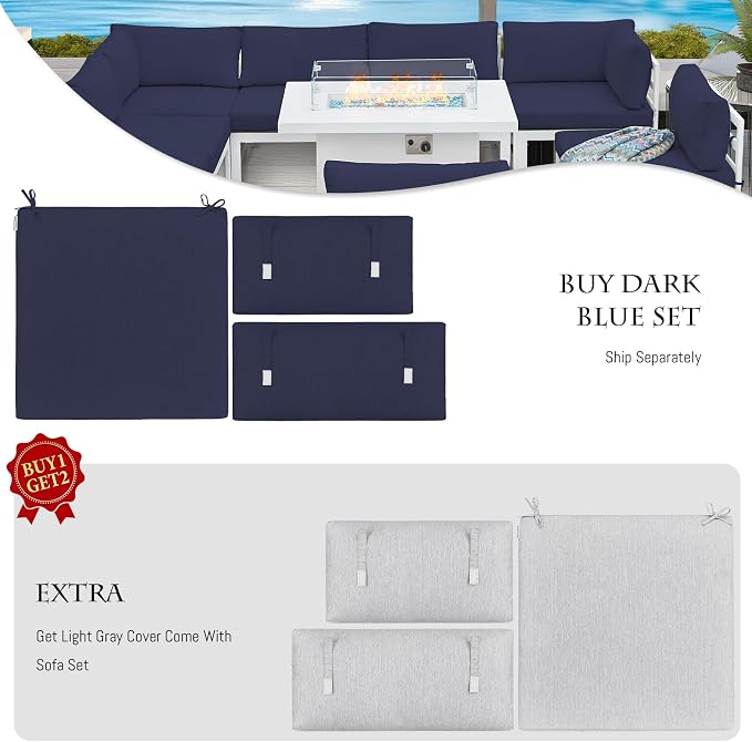 BULEXYARD 11 Pcs Oversized Contemporary Aluminum Patio Furniture Set, All Weather Modular Sectional Sofa with Tanning Chair & Fireplace, 500 lbs Heavy Duty Comfy Outdoor Couch for Beach, Dark Blue