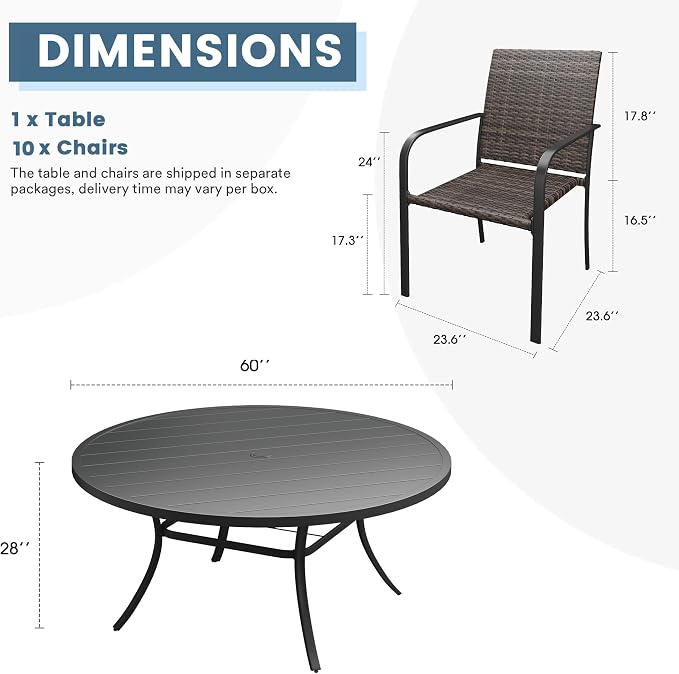 DIFY 11 Piece Outdoor Dining Set, Patio Table and Chairs Set for 10 with Umbrella Hole, 60" Black Round Dining Table & Stackable Wicker Patio Chairs, Metal Patio Furniture Set for Garden Backyard