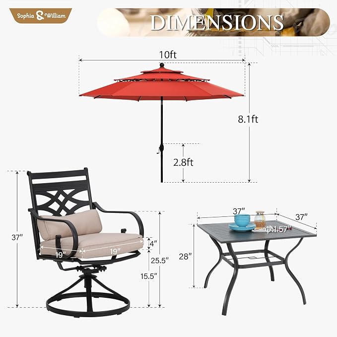 Sophia & William Patio Dining Set, Steel, 10ft Umbrella Red | Swivel Chairs, E-Coated, Cushions Included, For Patio, Garden and Yard