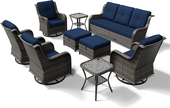 Joyside 9 Piece Wicker Patio Furniture Set, Outdoor Swivel Rocker Patio Chairs with High Back, Deep Seating, Wide Armrest, Thickened Cushions, Outdoor Furniture for Deck, Porch Use