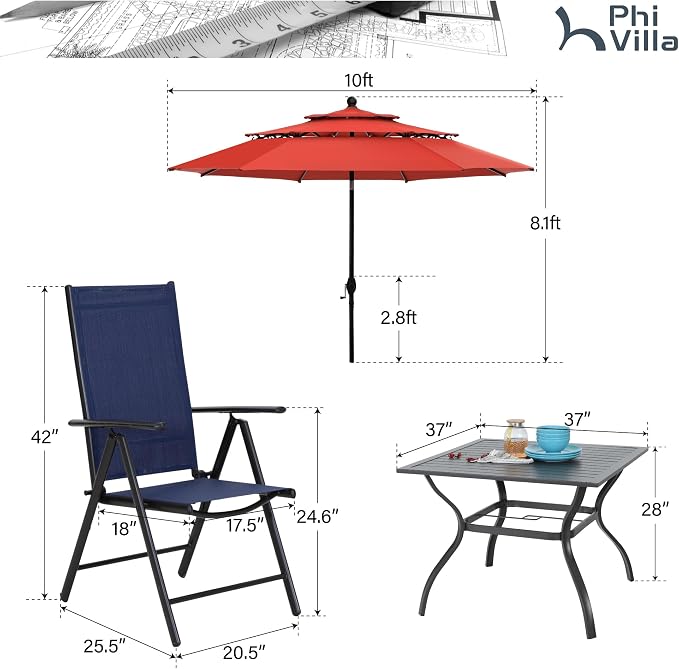 PHI VILLA Outdoor Dining Set with Umbrella for 4, Patio Dining Set with Metal Table and Adjustable Blue Folding Chairs for Yard, Lawn and Garden (Orange Red Umbrella Without Base)
