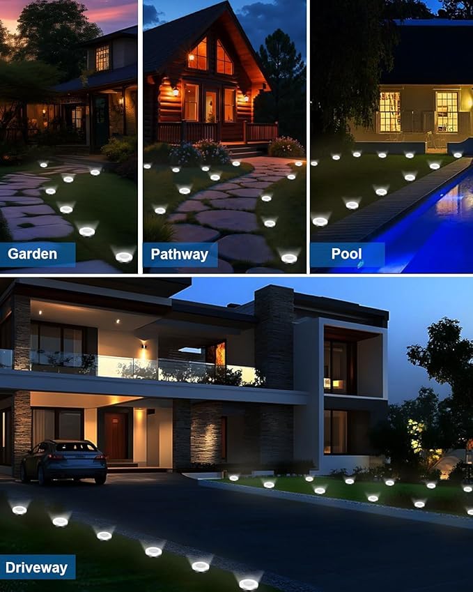 Solar Lights Outdoor Waterproof, 2 Pack 8 LED, Thickened Stainless Steel Ground Light, Solar Garden Lights Landscape Lighting for Patio Pathway Lawn Yard Deck Driveway Walkway, Cool White