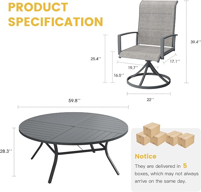VICLLAX Patio Dining Set for 8, 8 Seats Outdoor Furniture Includes 59.9" Round Patio Table and Swivel Padded Chairs, Grey Tabletop and Grey Fabric