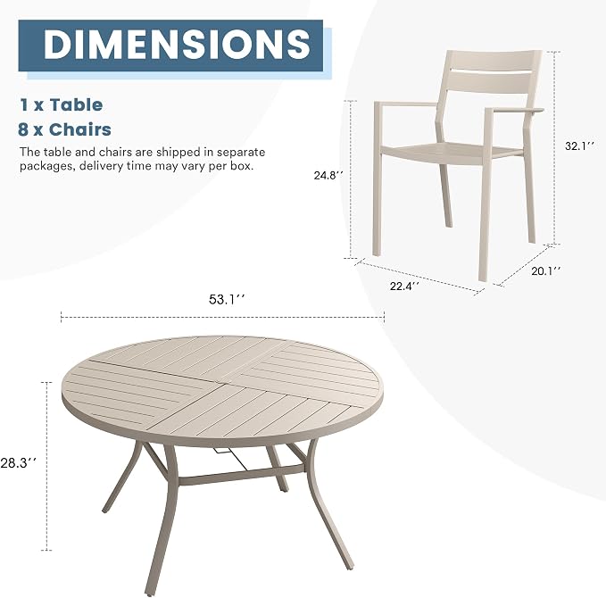 DIFY 9 Piece Outdoor Patio Dining Set for 8, 53.1" Round Dining Table with Umbrella Hole and Stackable Metal Chairs, Patio Table and Chairs Set for Backyard Garden Poolside, Sandshell